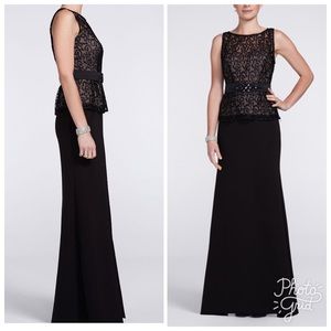 Davids Bridal Scroll Lace Peplum Long Aline Dress