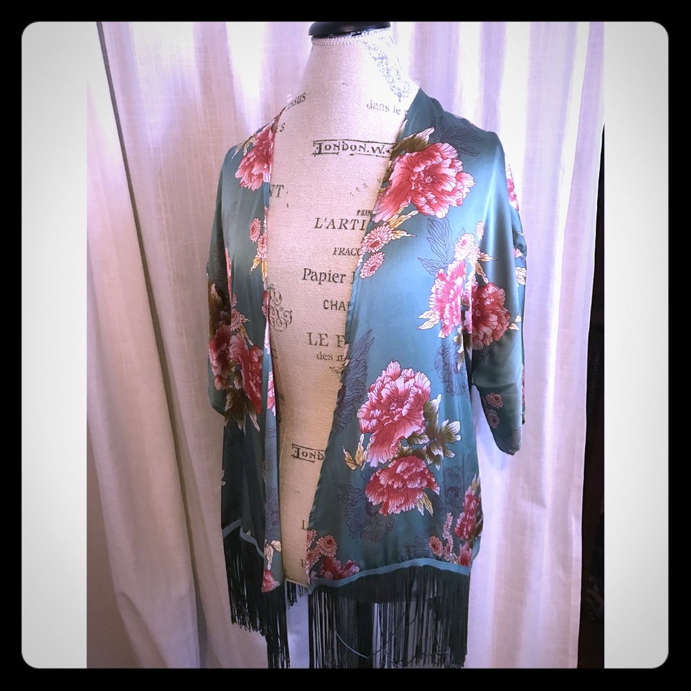 Floral Kimono with Fringed Hem