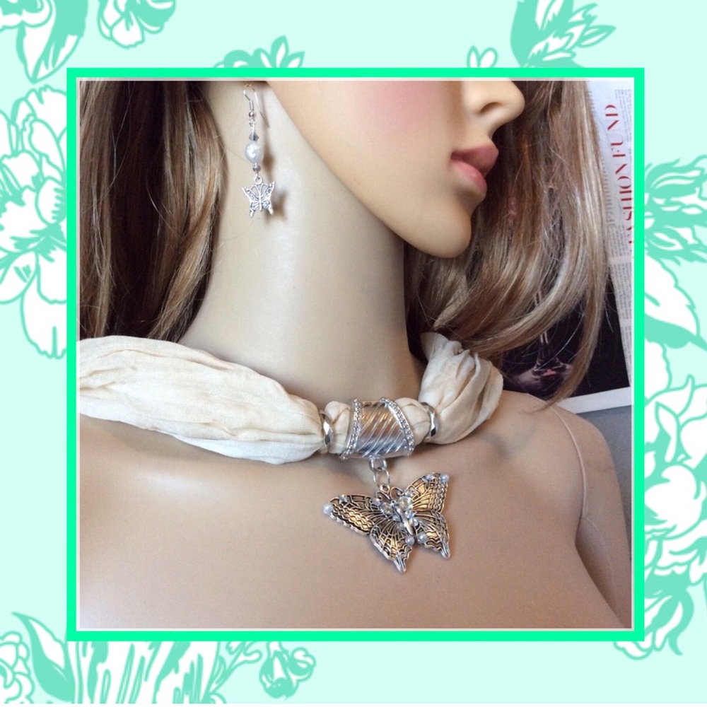 🍒 New 2pc: butterfly pendant scarf & earrings