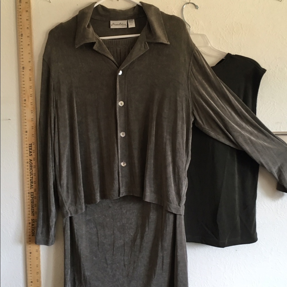 Chico's 2 SET jacket skirt ! Charcoal khaki tan !