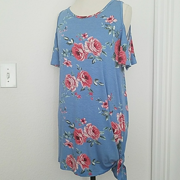 Blue Floral Cold Shoulder Dress - Picture 4 of 7