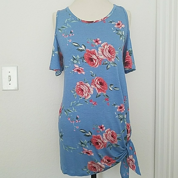 Blue Floral Cold Shoulder Dress - Picture 5 of 7