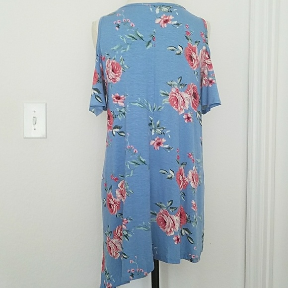 Blue Floral Cold Shoulder Dress - Picture 6 of 7