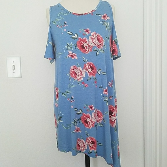 Blue Floral Cold Shoulder Dress - Picture 7 of 7