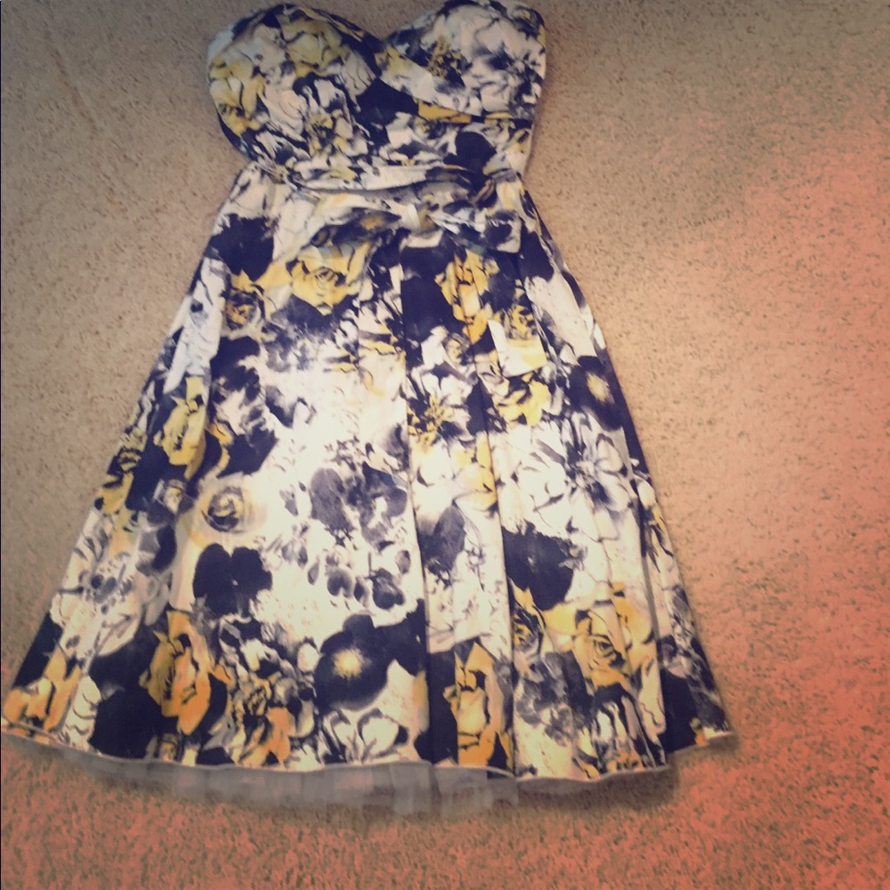 Black and yellow floral strapless dress