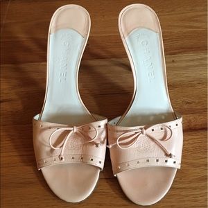 Authentic leather Chanel open toe kitten heels