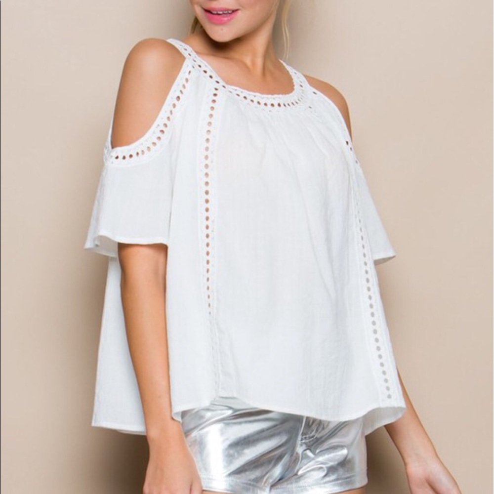 White Babydoll Open Shoulder Blouse Eyelet Detail