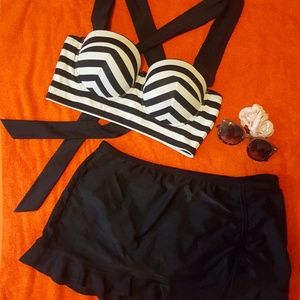 Torrid Black and White Striped Swim Top