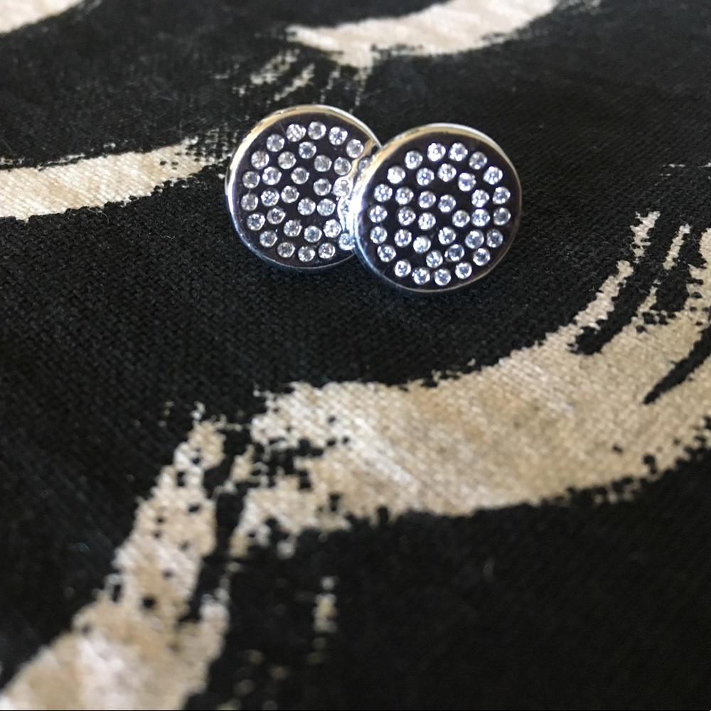 Gorgana circle disc silver shimmer earrings CZ