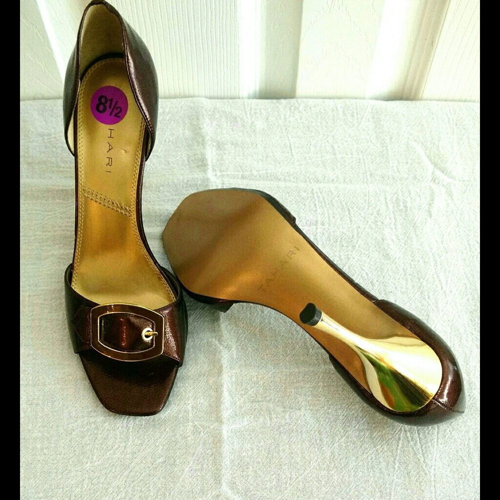 Brown and Gold Leather Tahari Sandals