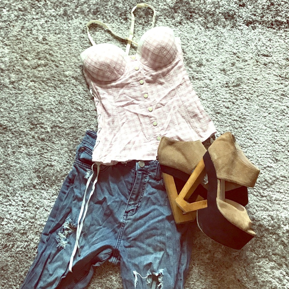 Guess pink plaid top with built in bra