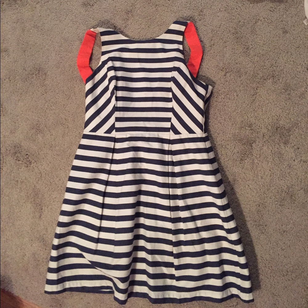 Navy & white striped nautical dress w coral straps