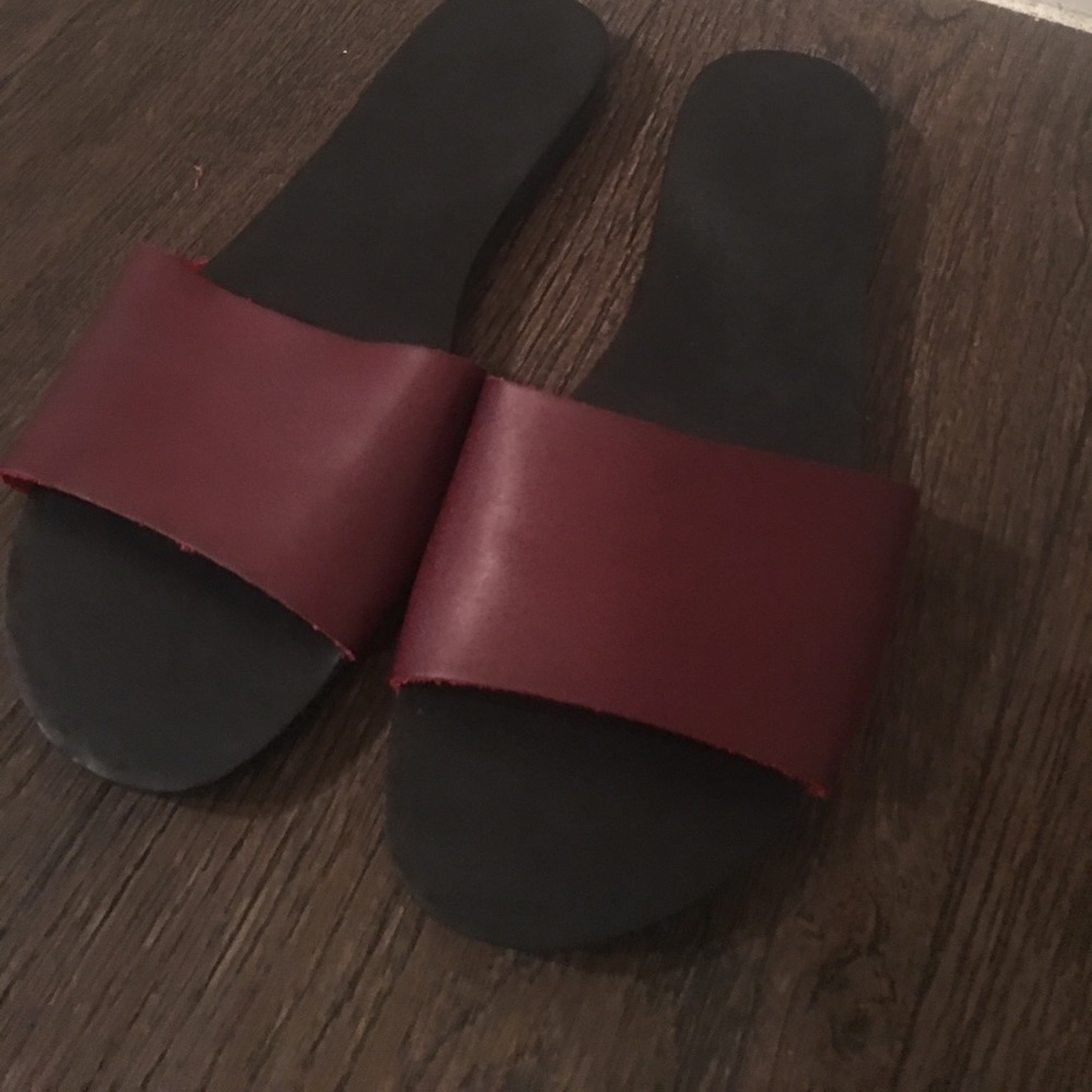 Burgundy sandals.