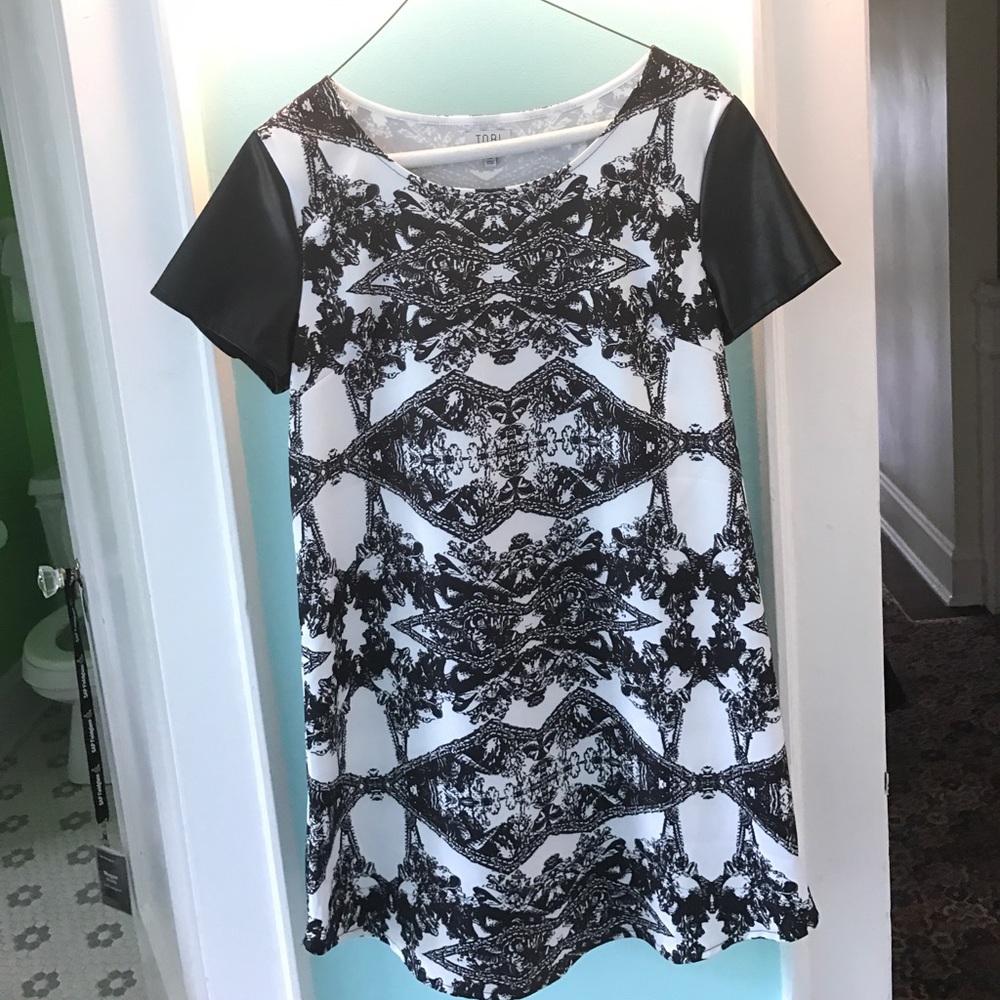 Tobi mini dress with faux leather sleeves
