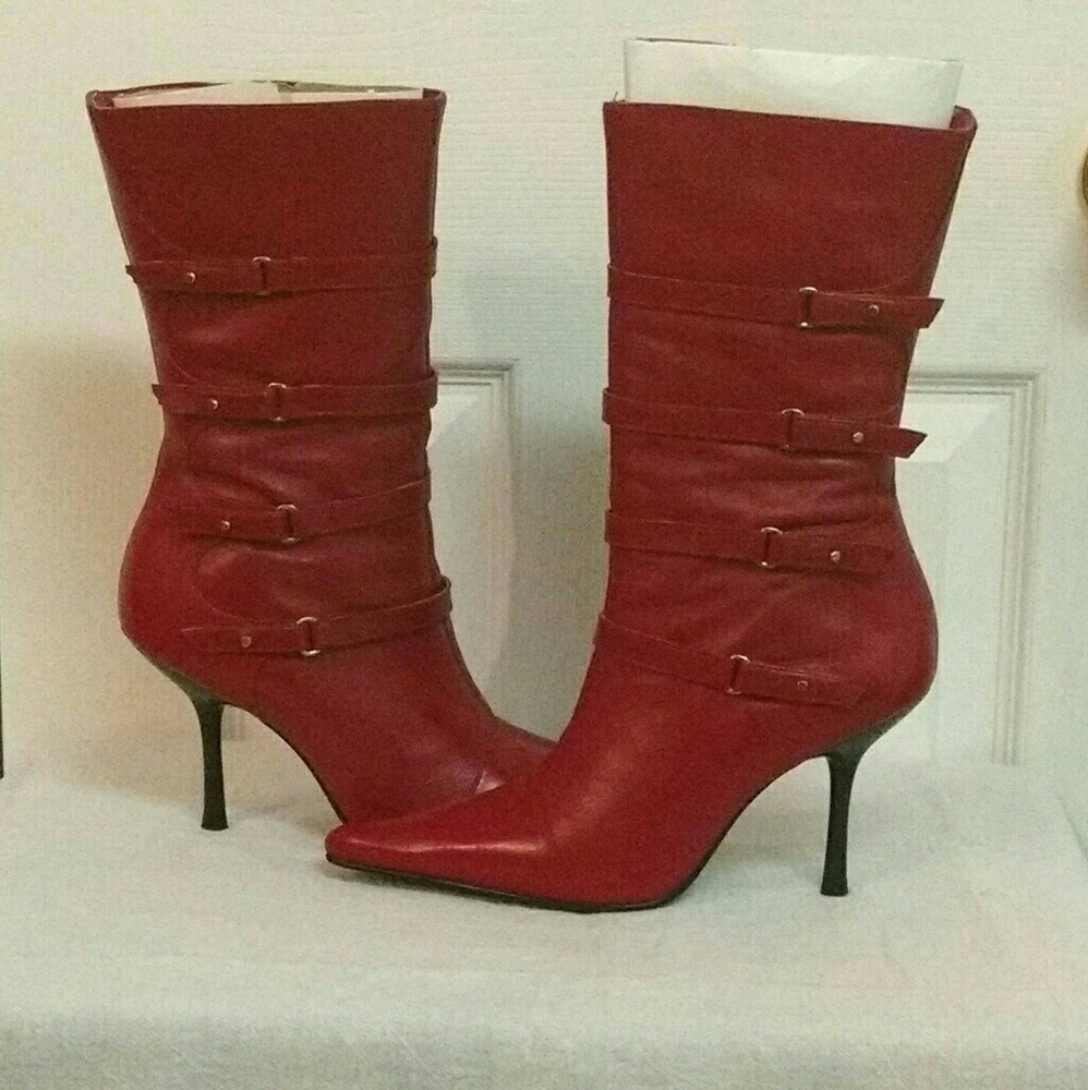 Red Leather High Heel Boots