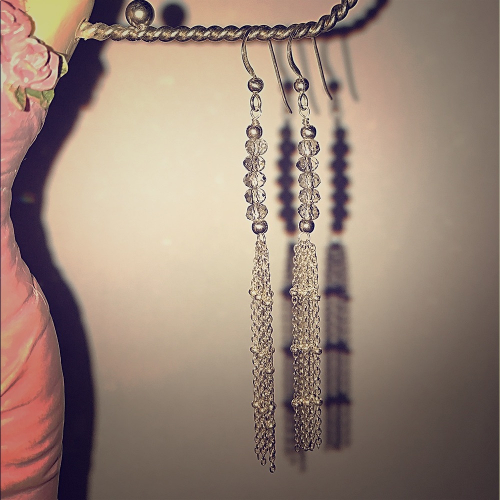 Long Glass and Silver Chain Earrings