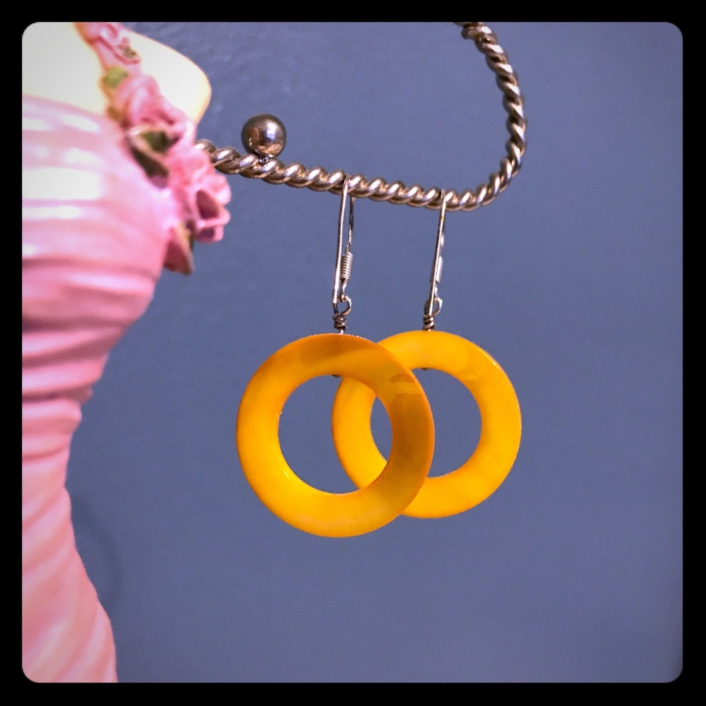 Orange-Tinted Mother of Pearl Circular Earrings