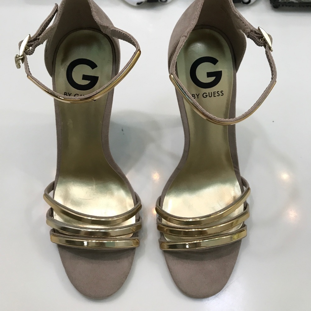 Light Tan and Gold Guess shoes.