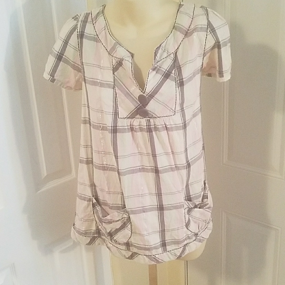 Pink gray silver plaid tunic short sleeve pockets
