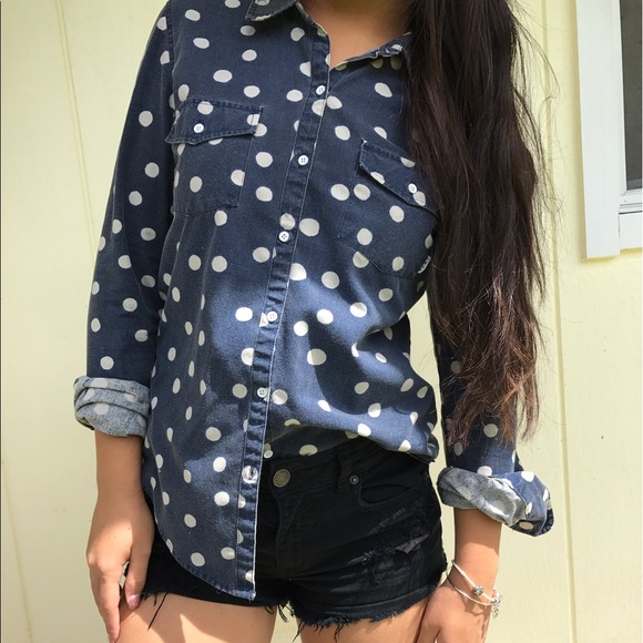 Polka Dot Denim Button-Up - Picture 2 of 4
