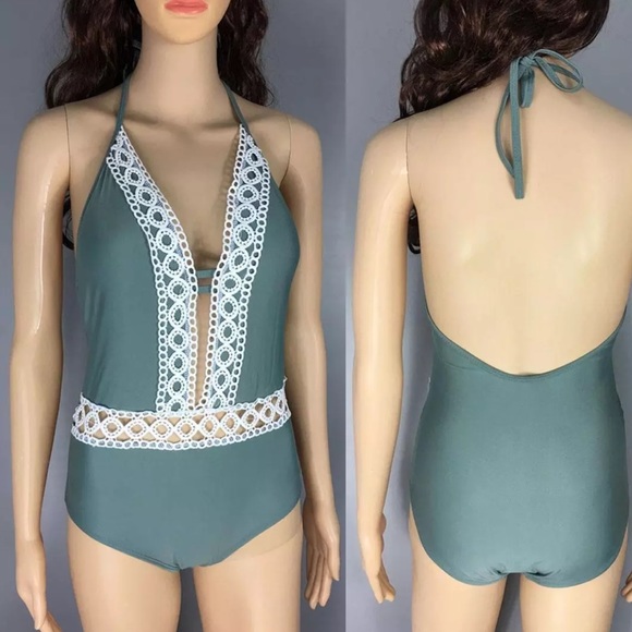 Halter Peek-A-Boo Lace One-Piece Bathing Suit swim - Picture 2 of 7