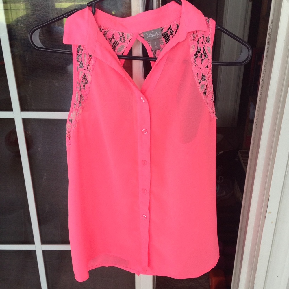 Sleeveless Blouse with Collar - Neon Pink