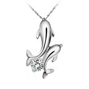 Double dolphin necklace with rhinestone