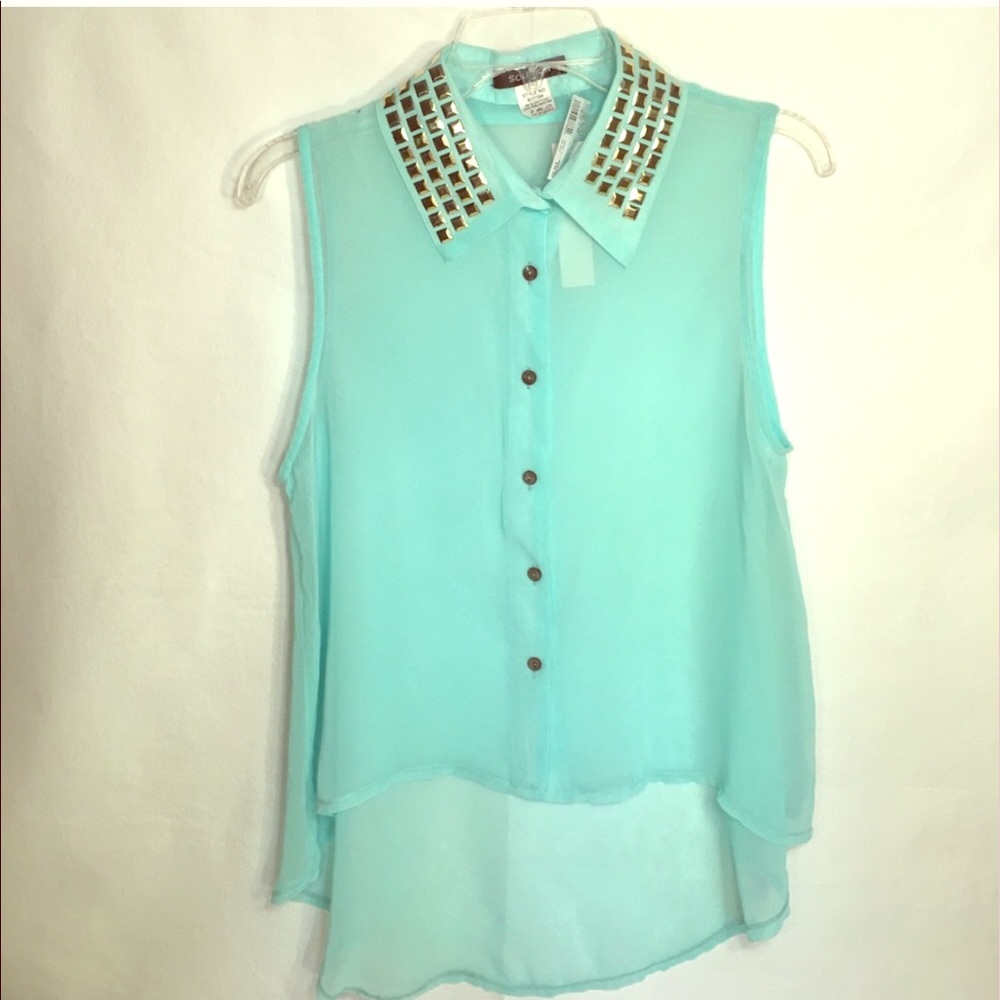 Teal gold studded collar button down high low top