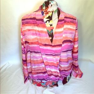 FYLO multicolored purple and coral wrap blouse