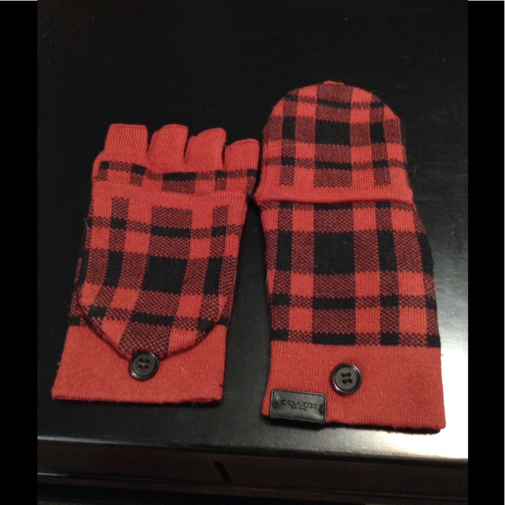 Coach red and black mittens