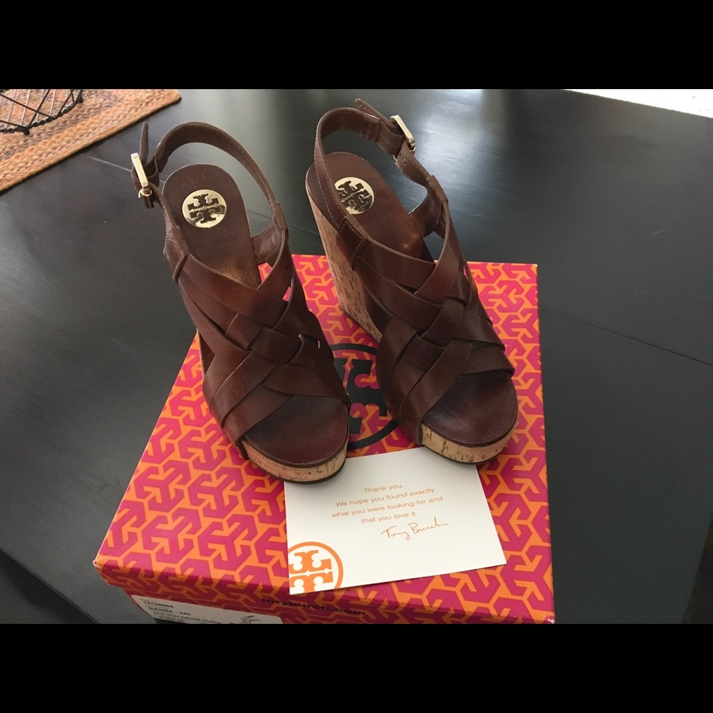 Tory Burch "Ace" wedge sandals size 7 brown