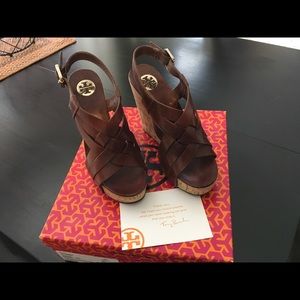 Tory Burch "Ace" wedge sandals size 7 brown