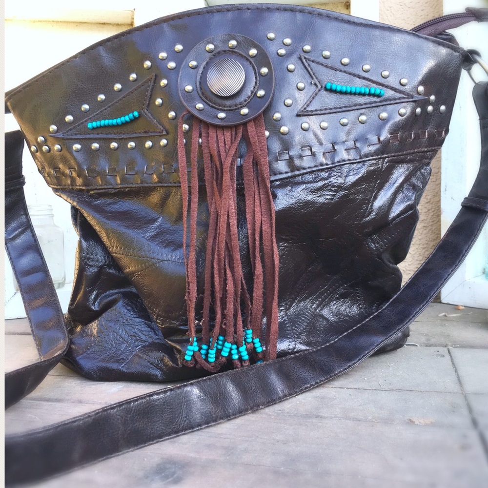 FRINGED Beaded Leather Shoulder Bag