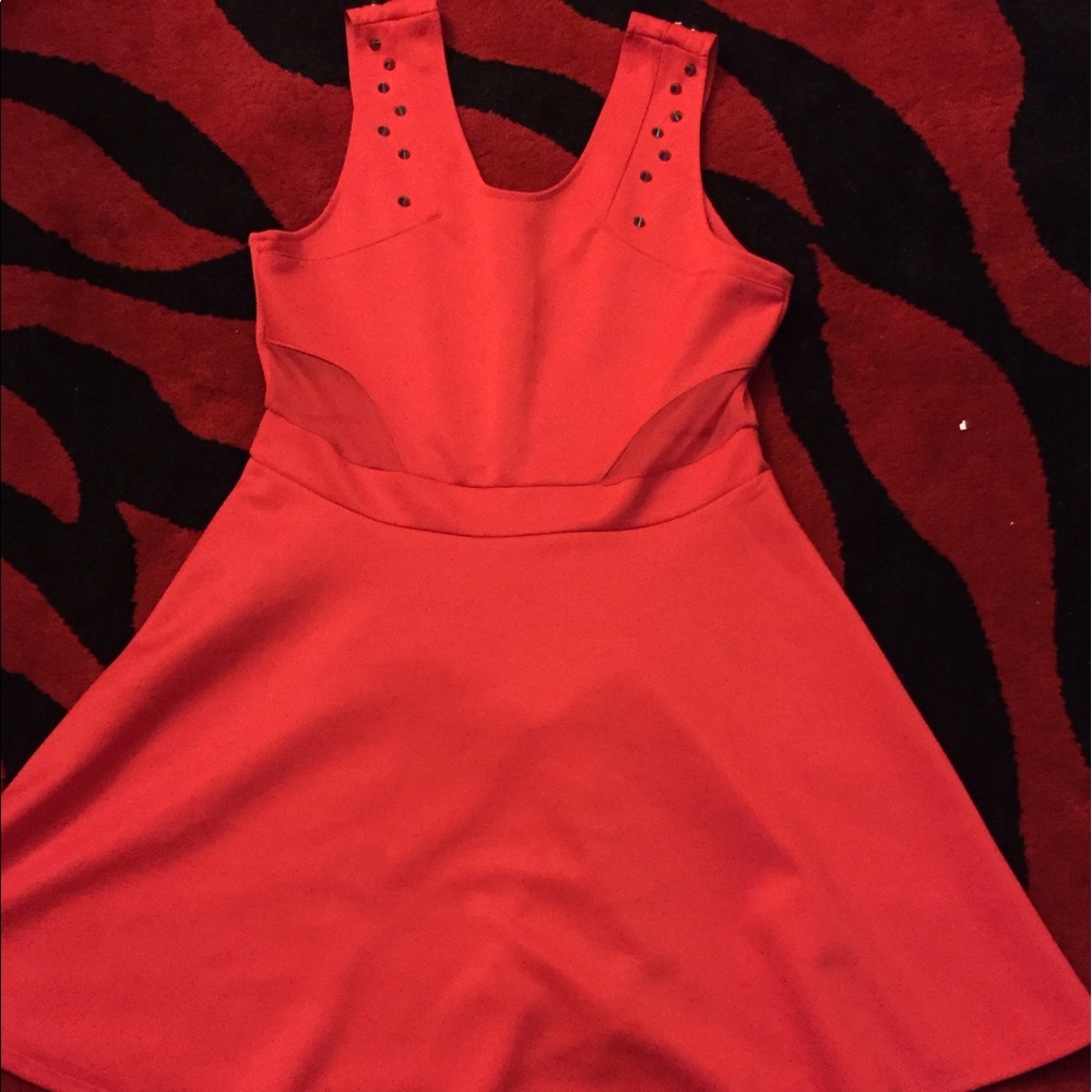 Red Studded dress with mesh cutouts