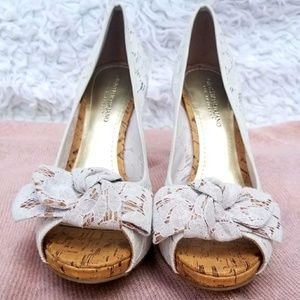 Christian Siriano Ivory Lace Peep Toe Cork Heels