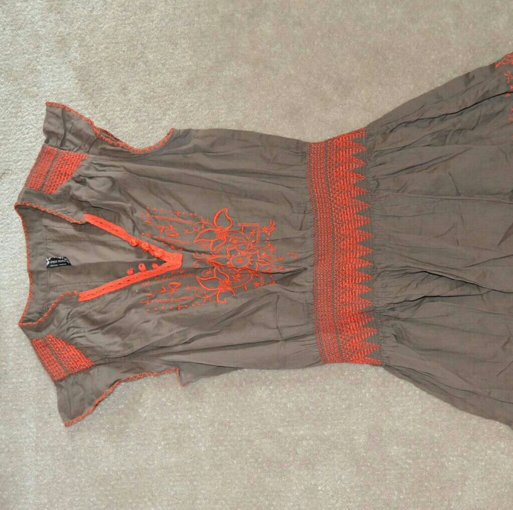Free People Brown & Red/Coral Embroidered Dress