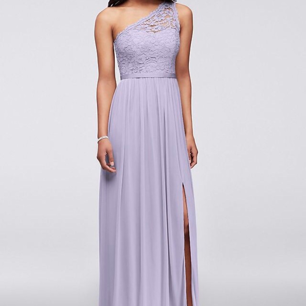 David's Bridal one sleeve lace top maxi dress