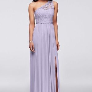 David's Bridal one sleeve lace top maxi dress