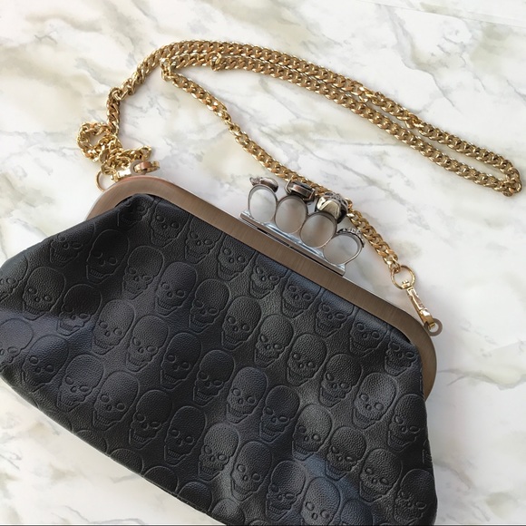 Handbags - Skull Knuckle Clutch in Vegan Leather with Chain