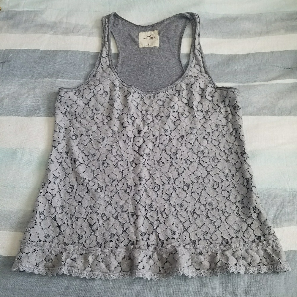 Grey Hollister Racerback Tank with Lace Overlay