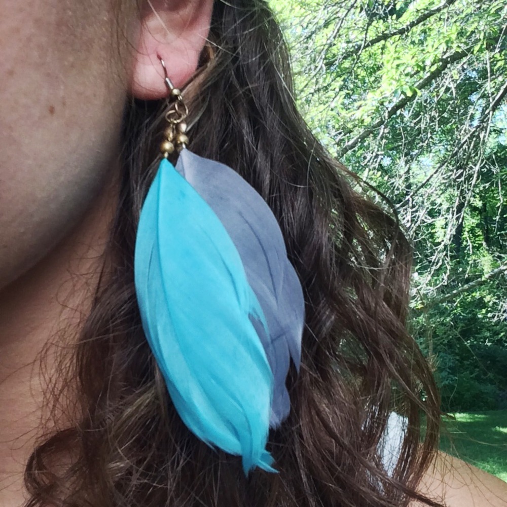 Blue and gray feather earrings