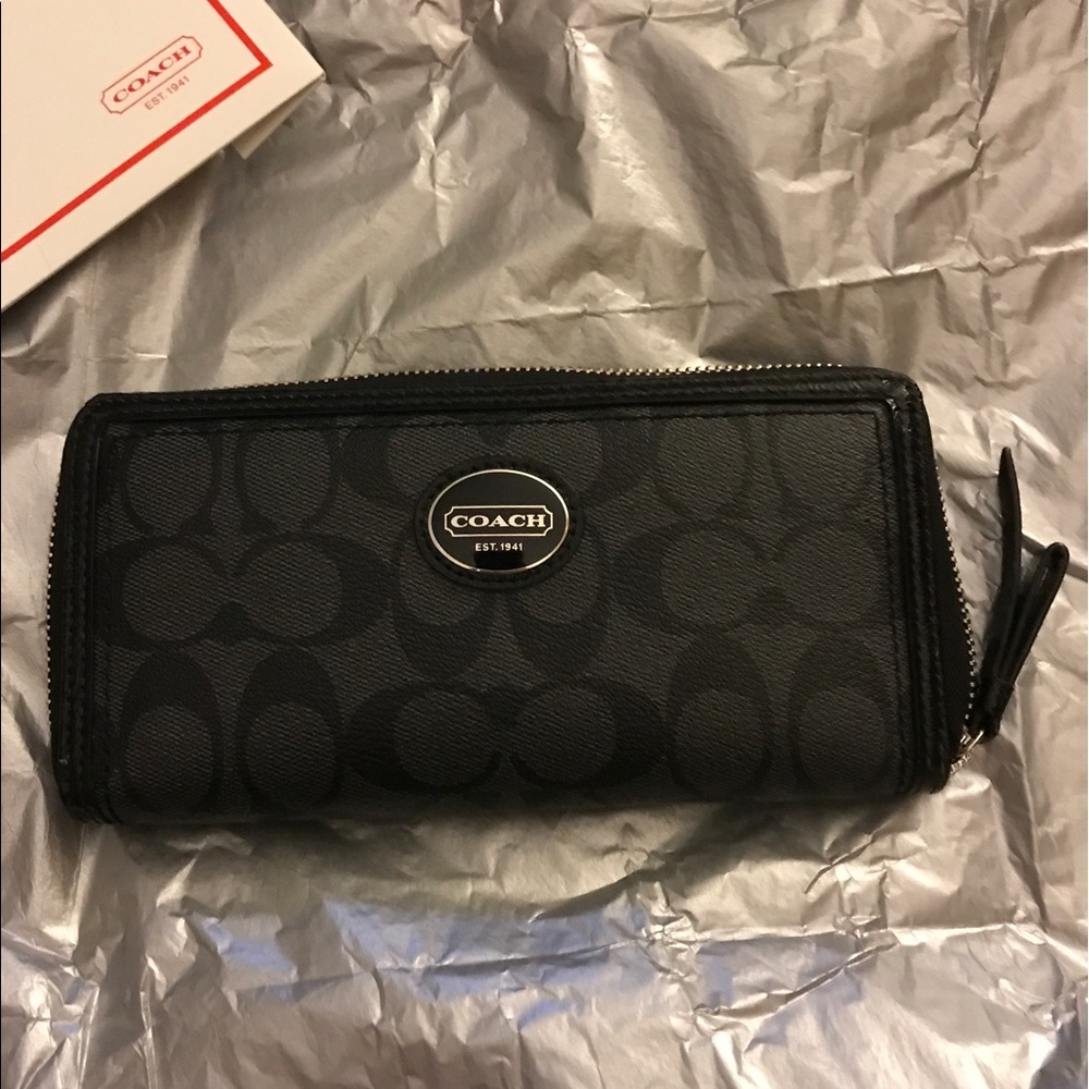 COACH Black and Gray zip around wallet
