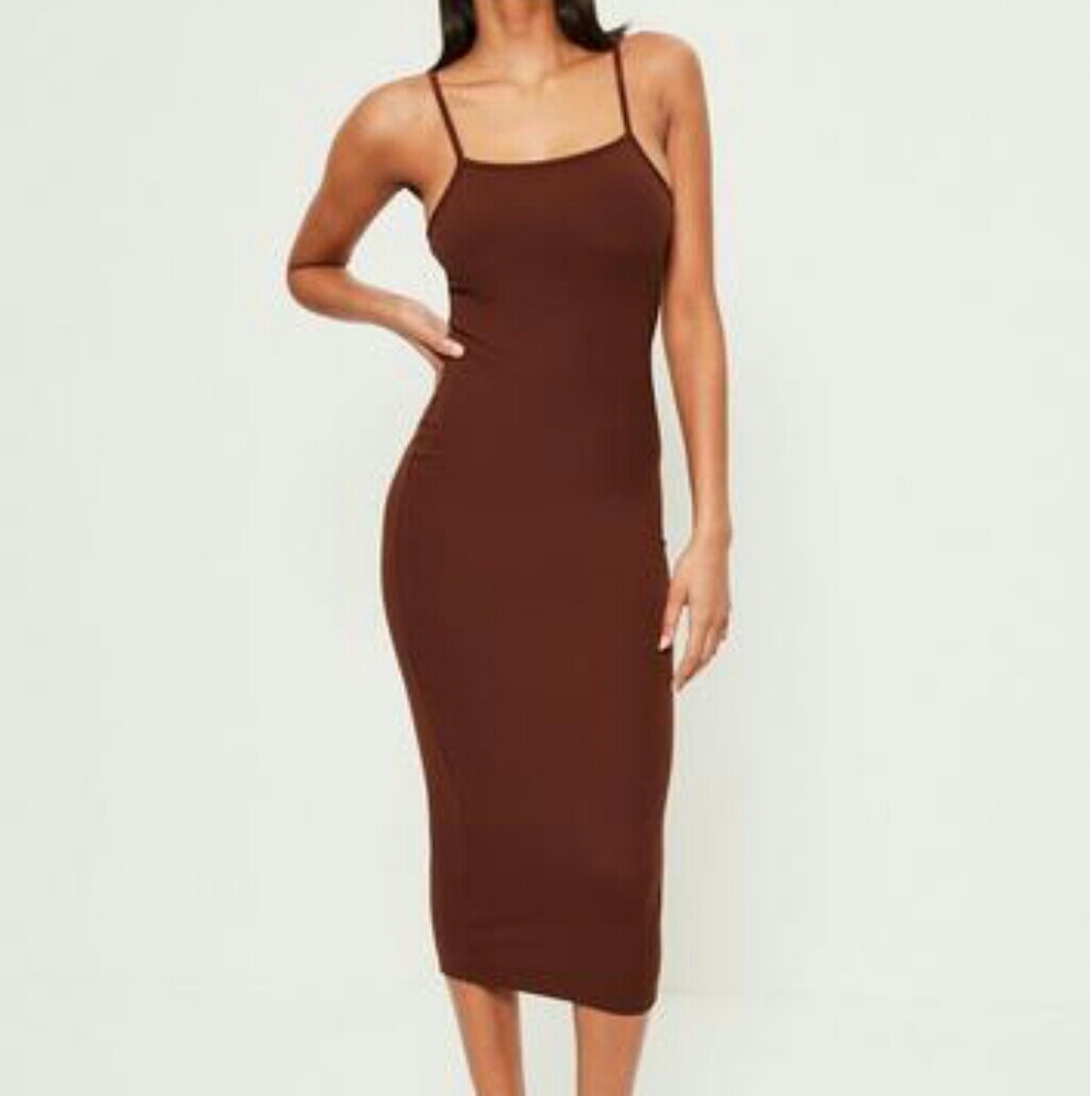 missguided brown square neck midi bodycon dress