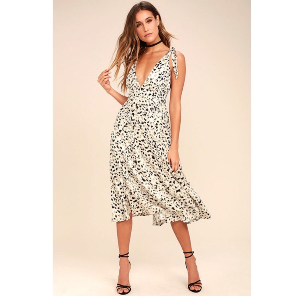 MINKPINK SUMATRA BEIGE LEOPARD PRINT MIDI DRESS