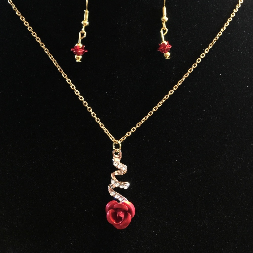 Red rhinestone rose and crystal necklace earrings
