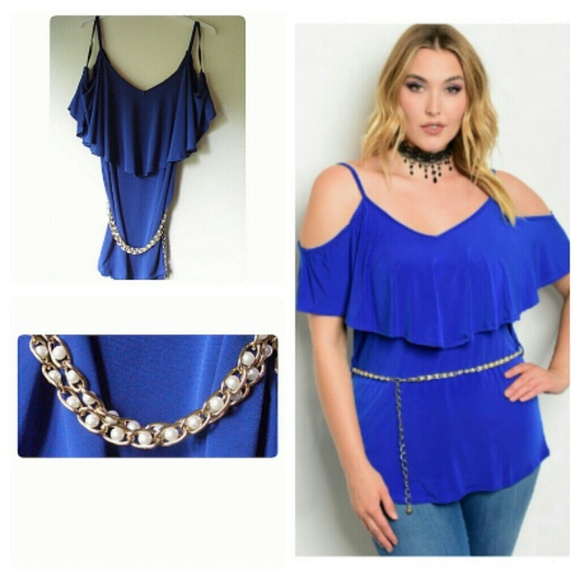 PLUS SIZE BLUE OFF SHOULDER W/ CHAIN BELT💙 - Picture 2 of 6