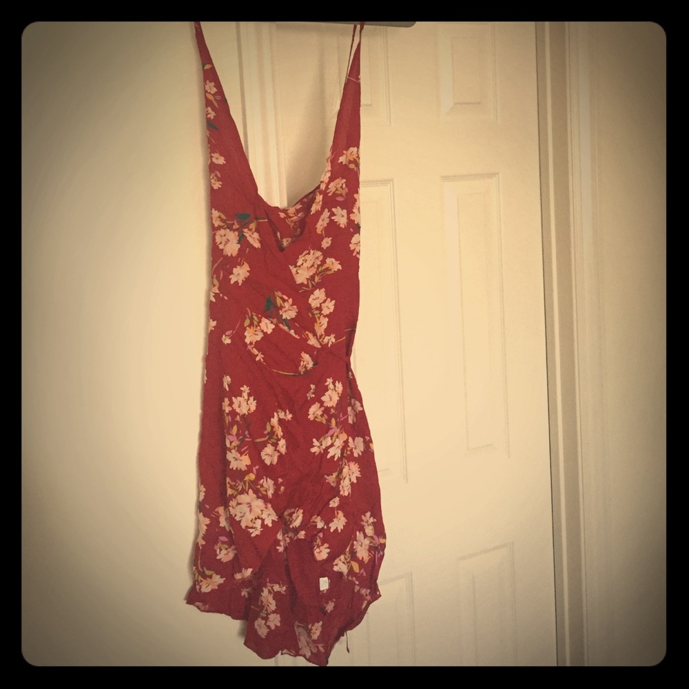 Red floral spaghetti strap wrap dress