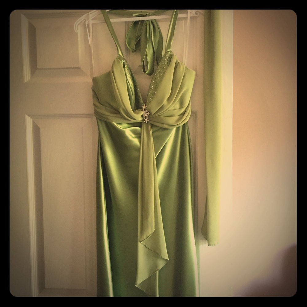 Green satin party dress