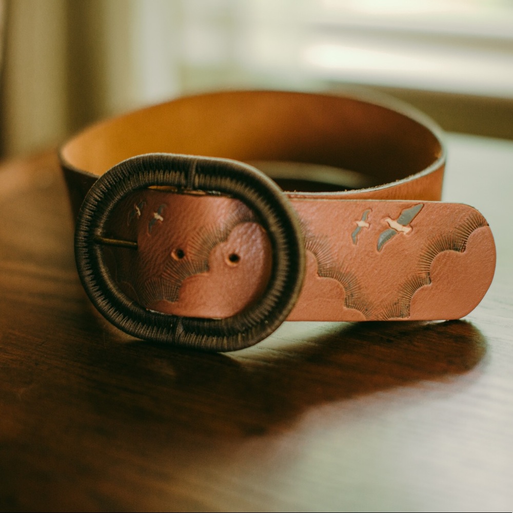 Anthropologie Wide Leather Belt w/Birds and Clouds