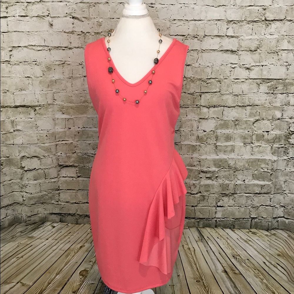 Coral Sleeveless Dress With Side Ruffle Plus Size